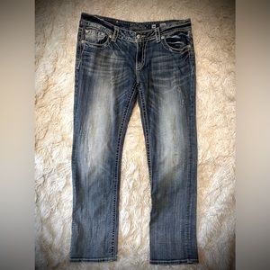 Miss Me. Size 34 gently used. Slight wear on hem. No stains. Smoke free home.